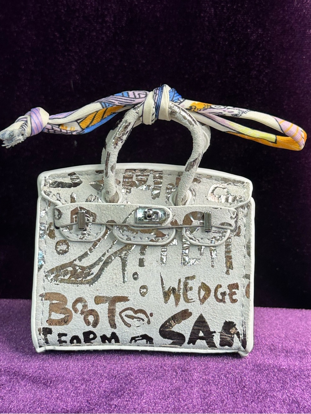 silver shoe-word mini bag charm w/ twilly scarf tie
